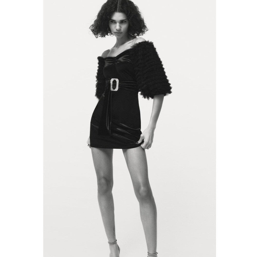 NWT!! ZARA Black Velvet Dress Ruffled Tulle Sleeves Rhinestone Party Cocktail