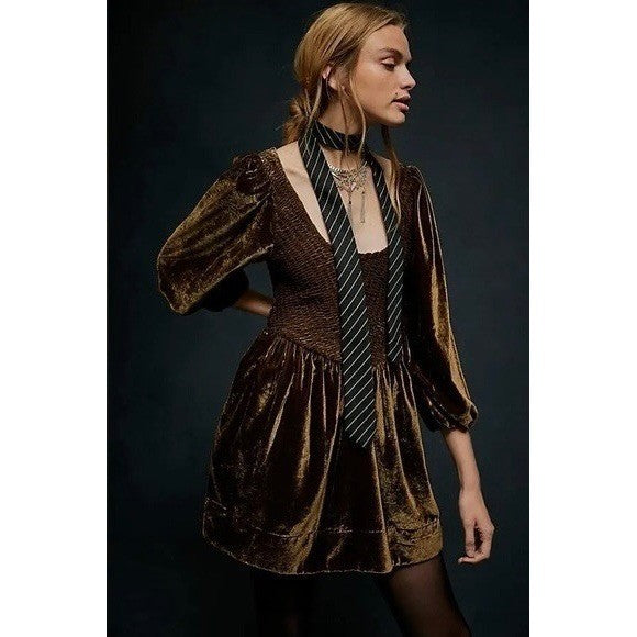 NWT!! FREE PEOPLE Farrier Velvet Mini Dress Smocked Solid Brown Bear Mini XS