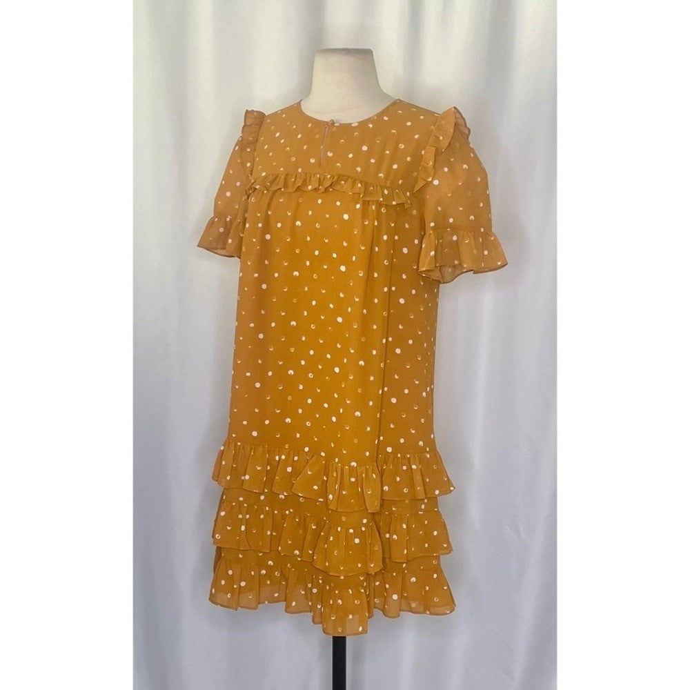 J. CREW Point Sur Ruffled Crinkle Polka Dot Dress Warm Caramel Party Size 2