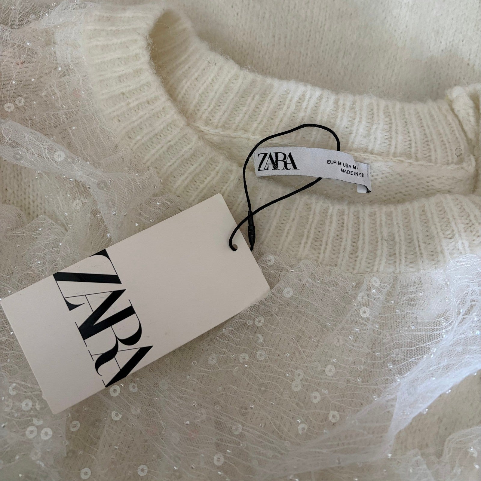 NWT!! ZARA Chic Tulle Ruffled Sequins Knit Sweater Off White Pullover Medium