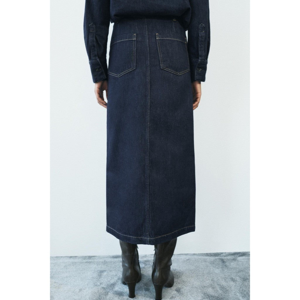 ZARA ZW Collection Denim Midi Skirt Contrast Suede Waistline Blue Pockets Small