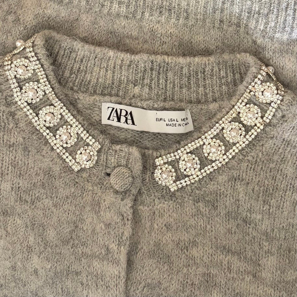 ZARA Jewel Embellished Gray Cropped Cardigan Sweater Knitwear Jewelled Large