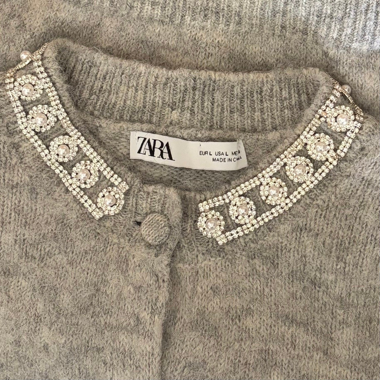 ZARA Jewel Embellished Gray Cropped Cardigan Sweater Knitwear Jewelled Large