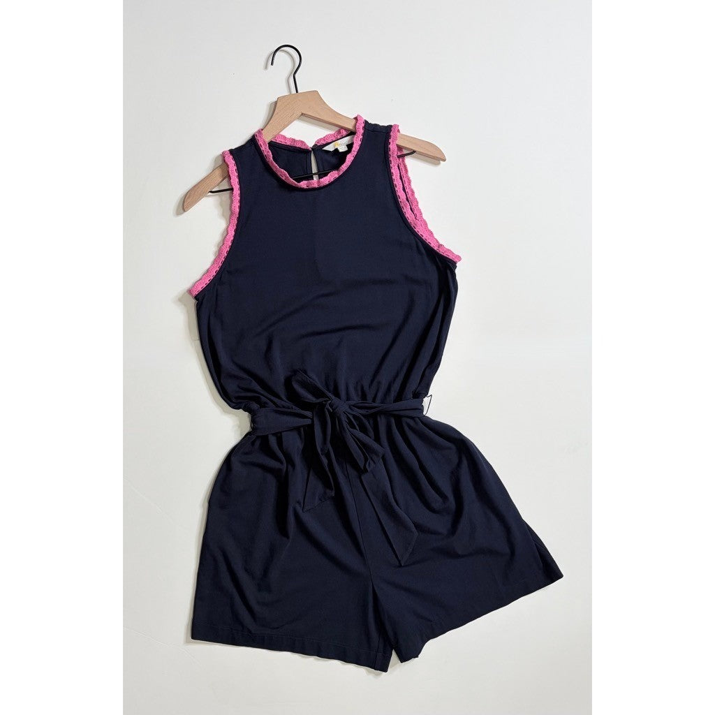 BODEN Caitlin Jersey Knit Romper Playsuit Crochet Trims Navy Blue Pink 8 Tall