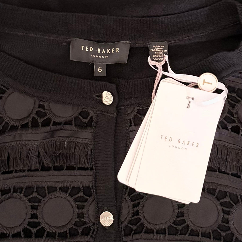 NWT!! TED BAKER London Ellenii Circle Fringe Lace Knit Cardigan Black Size 5 XL