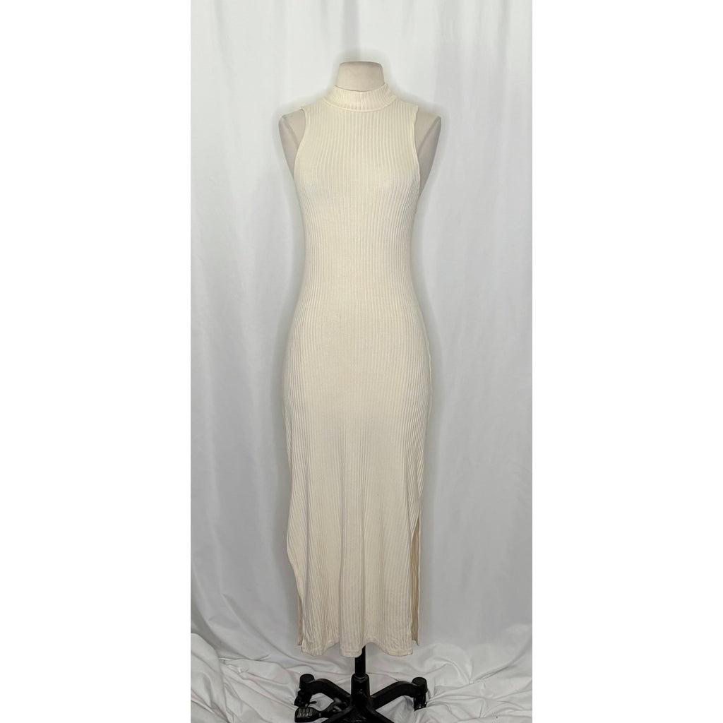 Anthropologie BEYOND YOGA Well Traveled Midi Dress Solid Ivory Ribbed Medium