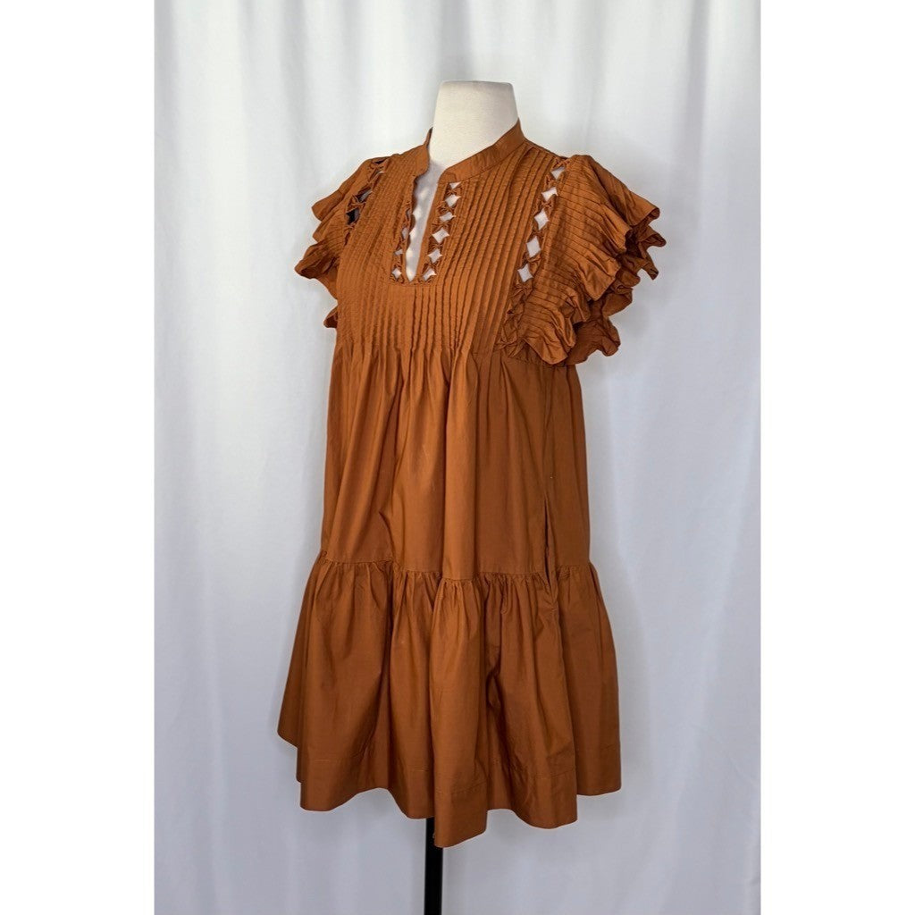 SEA New York Phoebe Ruffled Flutter Sleeve Dress Poplin Pleated Brown Small