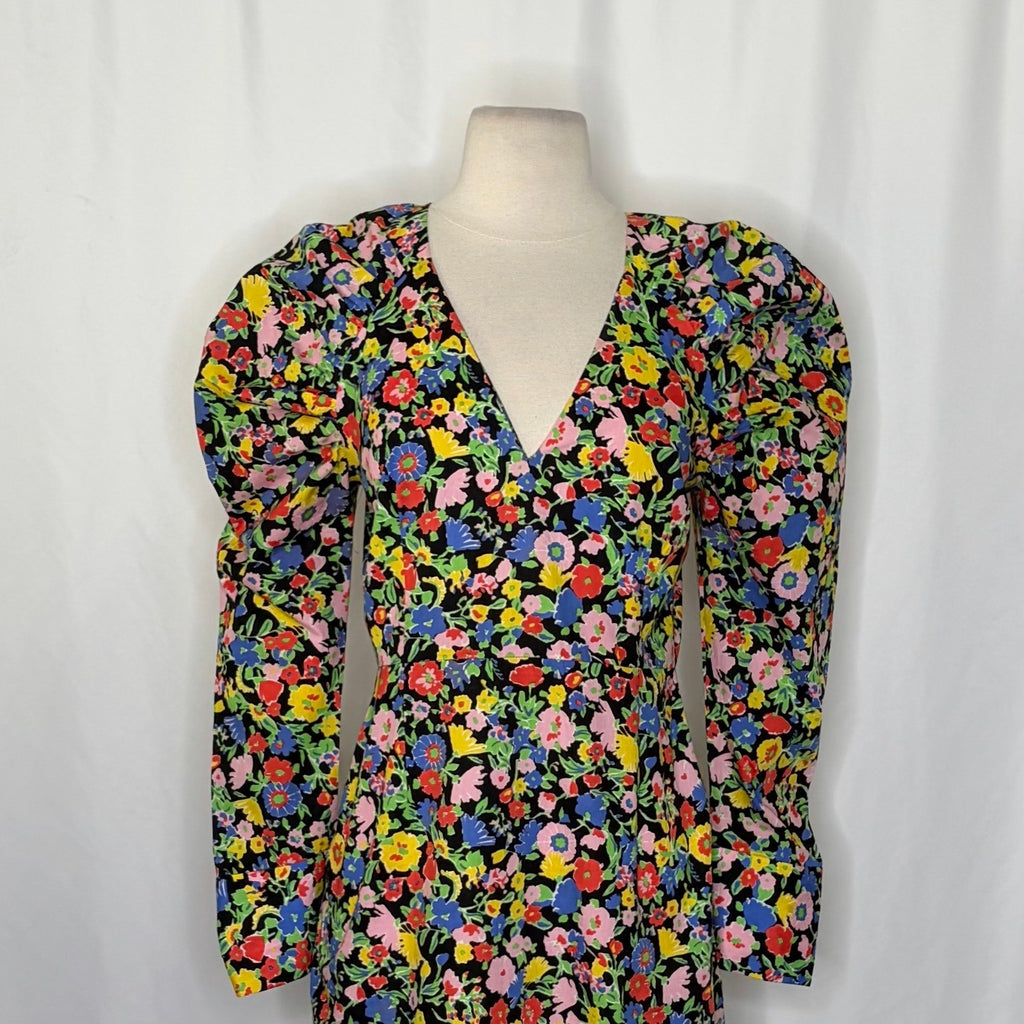 ZARA Bright Floral Mini Dress Statement Puffed Sleeves Spring Summer Black Small