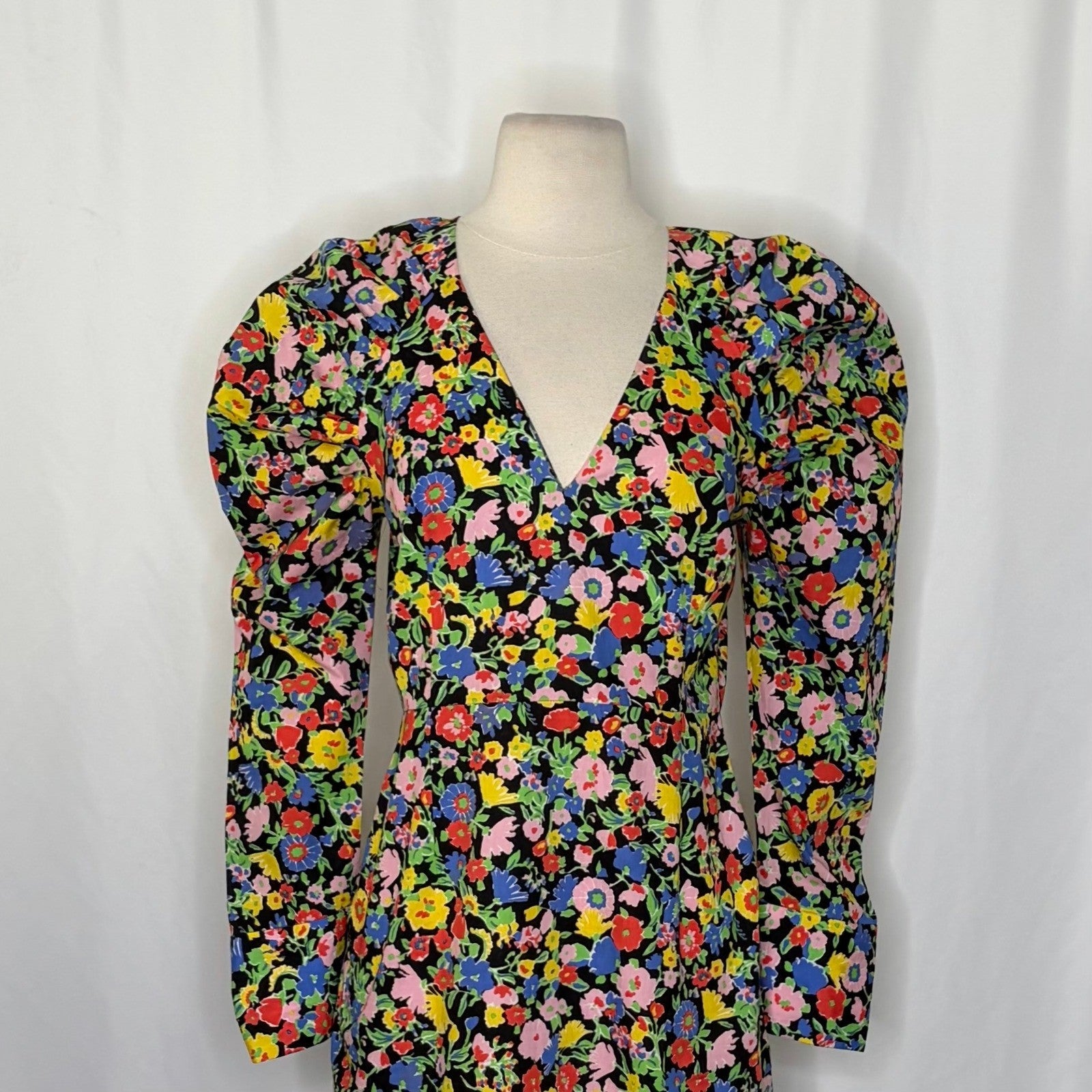 ZARA Bright Floral Mini Dress Statement Puffed Sleeves Spring Summer Black Small