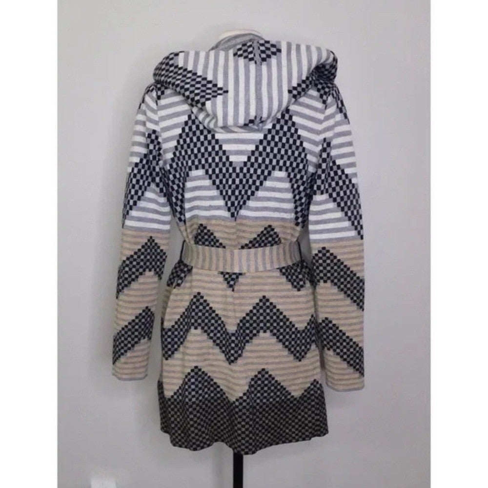 Anthropologie FIELD FLOWER Chevron Stripe Belted Wool Sweater Coat Hood X-Small