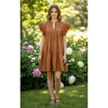 SEA New York Phoebe Ruffled Flutter Sleeve Dress Poplin Pleated Brown Small