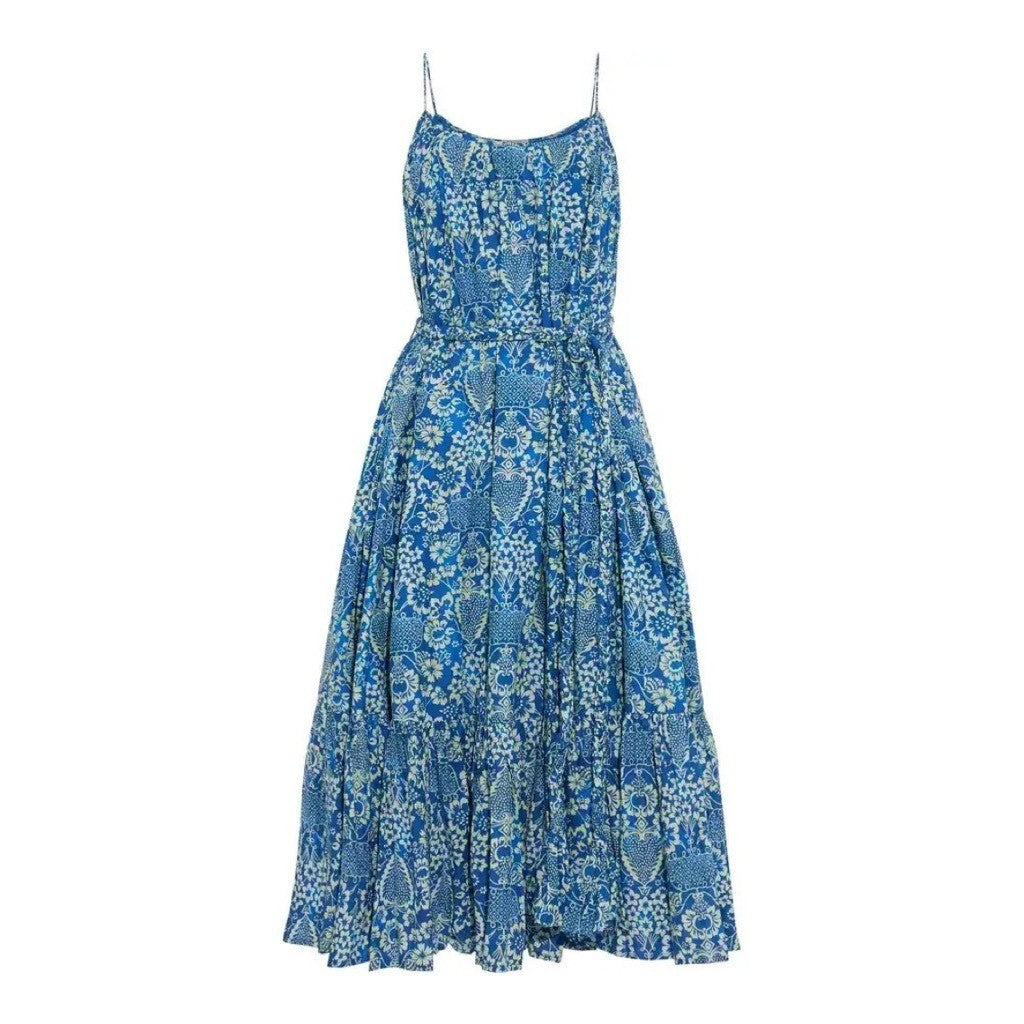 RHODE Lea Belted Floral Printed Cotton-Poplin Midi Dress Blue Vacation X-Small