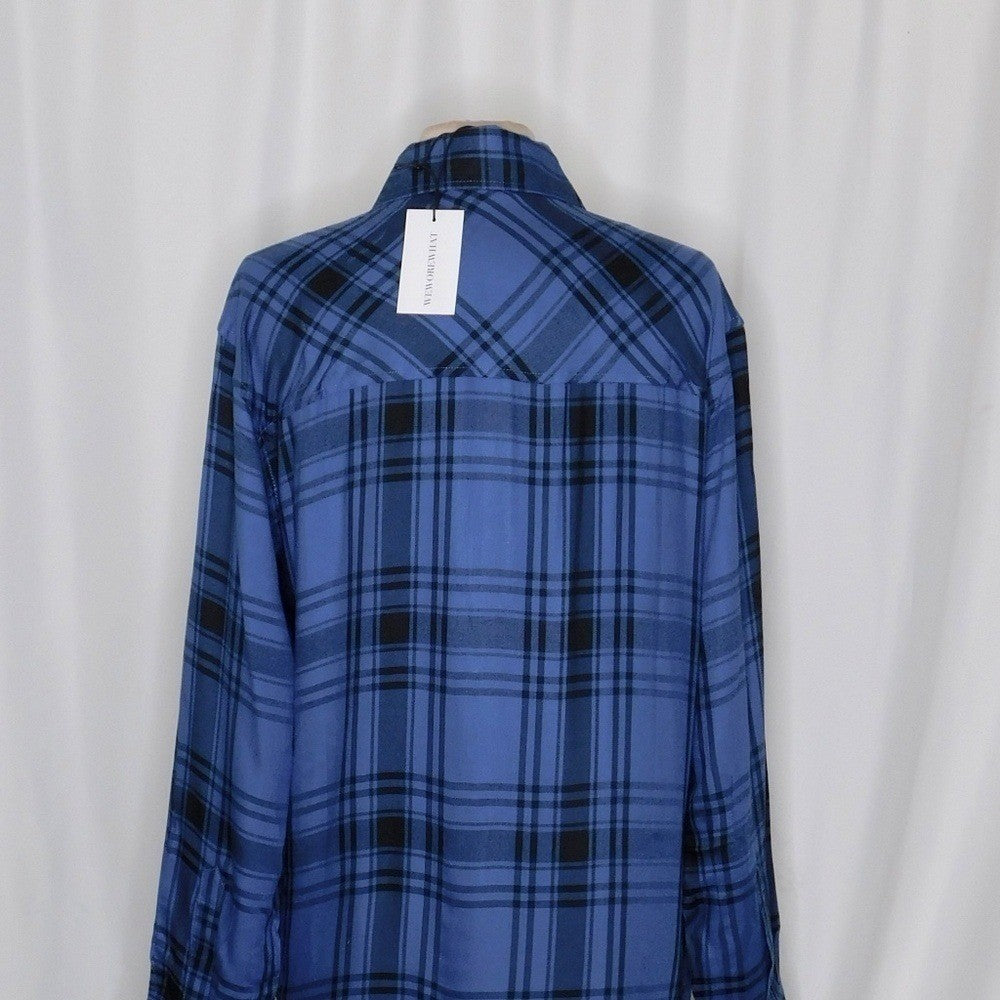 NWT!! WEWOREWHAT Boyfriend Shirt Plaid Navy Blue Collared Oversized Small Medium