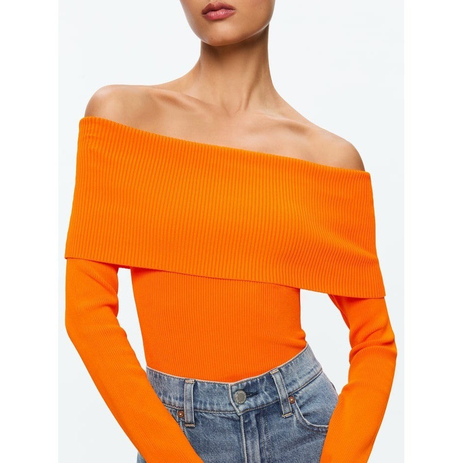 ALICE + OLIVIA Dolan Pullover Orange Blaze Knit Off The Shoulder Sweater Small