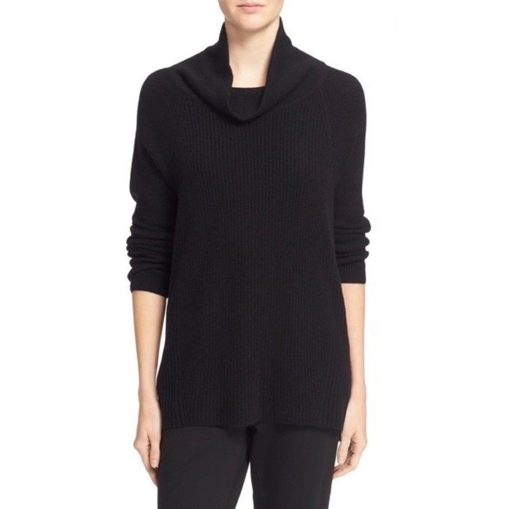 VINCE Cashmere Wool Ribbed Cowl Turtleneck Sweater Side Zipper Solid Black Small