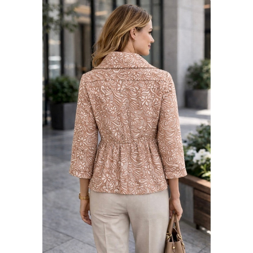 Anthropologie ELEVENSES Floral Jacquard Peplum Blazer Jacket Cream Tan Size 8