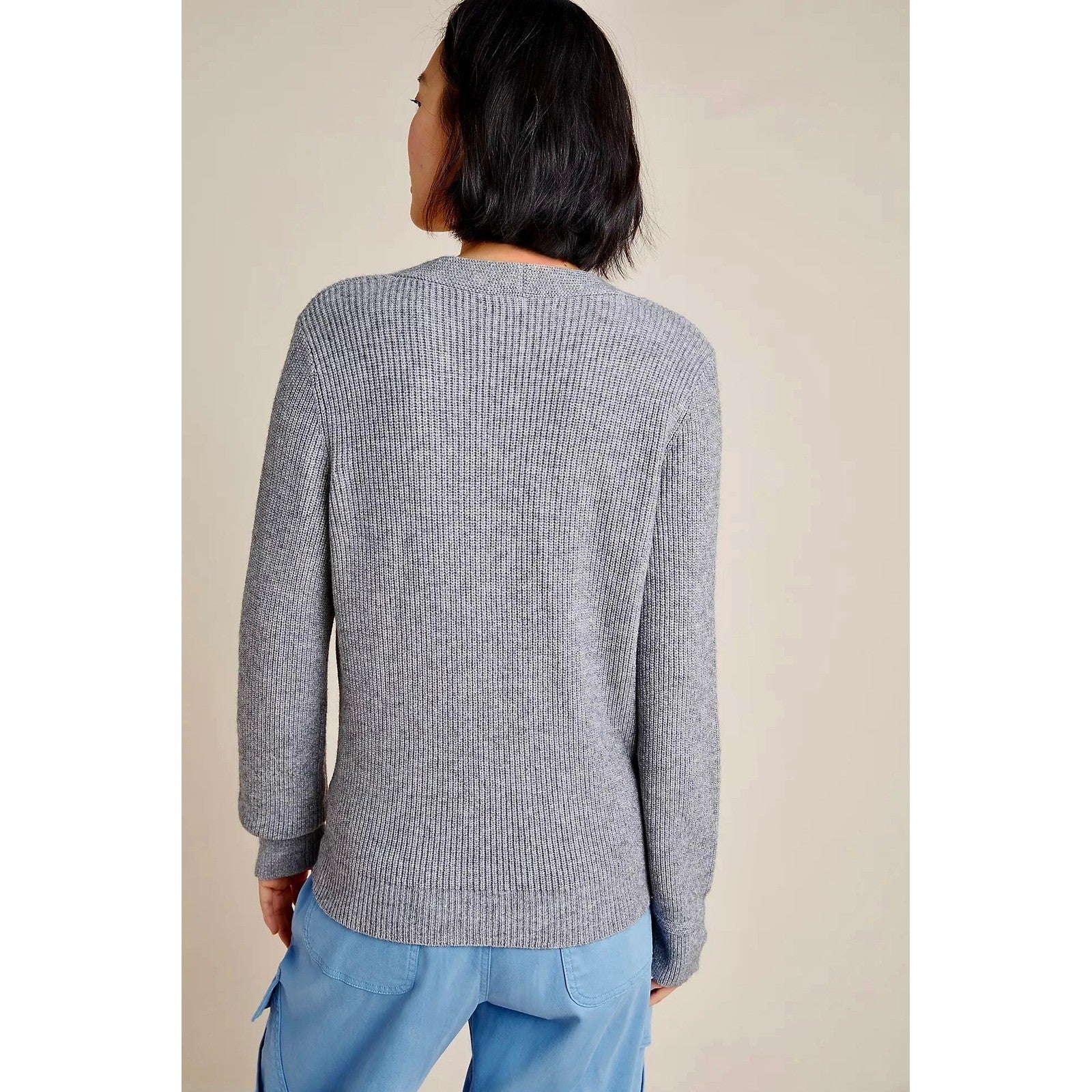 By ANTHROPOLOGIE Rocio Ribbed Tie Front Sweater Solid Gray V Neck Knit Medium
