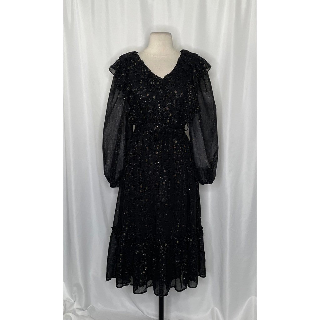 BY THE RIVER Chiffon Midi Dress Ruffled Black Gold Stars Party Glam Star Small