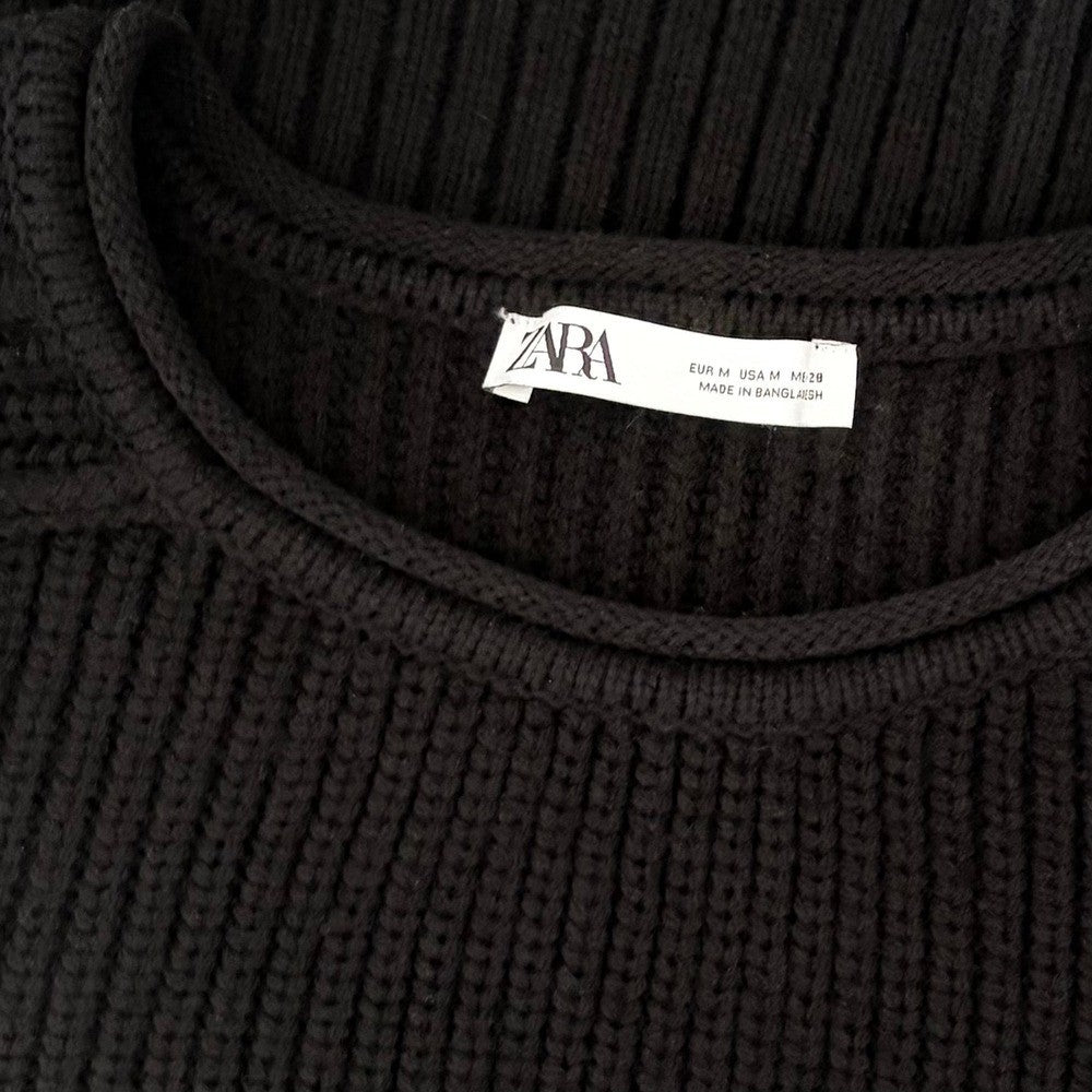ZARA Wool Blend Solid Black Shaker Knit Pullover Sweater Minimalist Medium