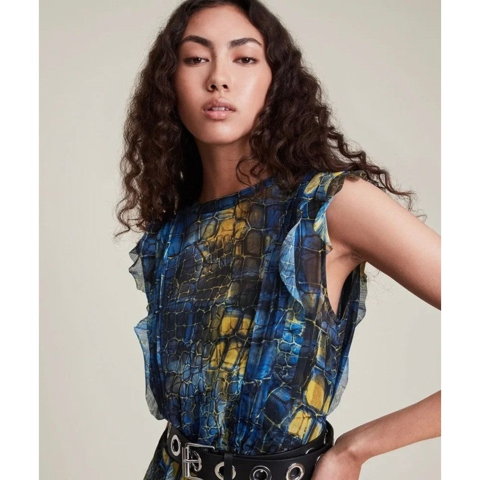ALL SAINTS Hali Mirus Mini Dress Snakeskin Yellow Blue Ruffled Allsaints Size 4