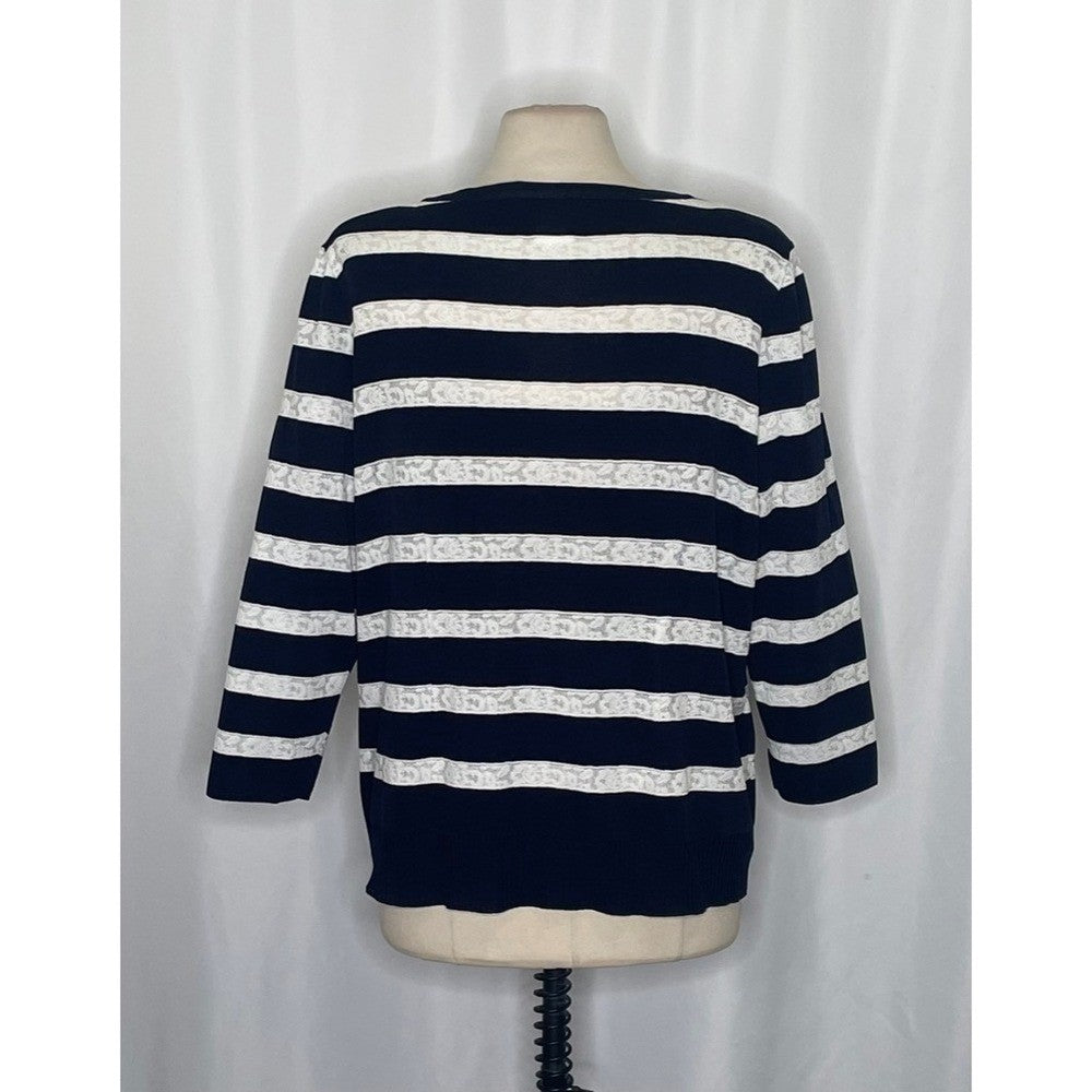 Exclusively MISOOK Navy Blue White Striped Cardigan Sweater Ruffled X-Large