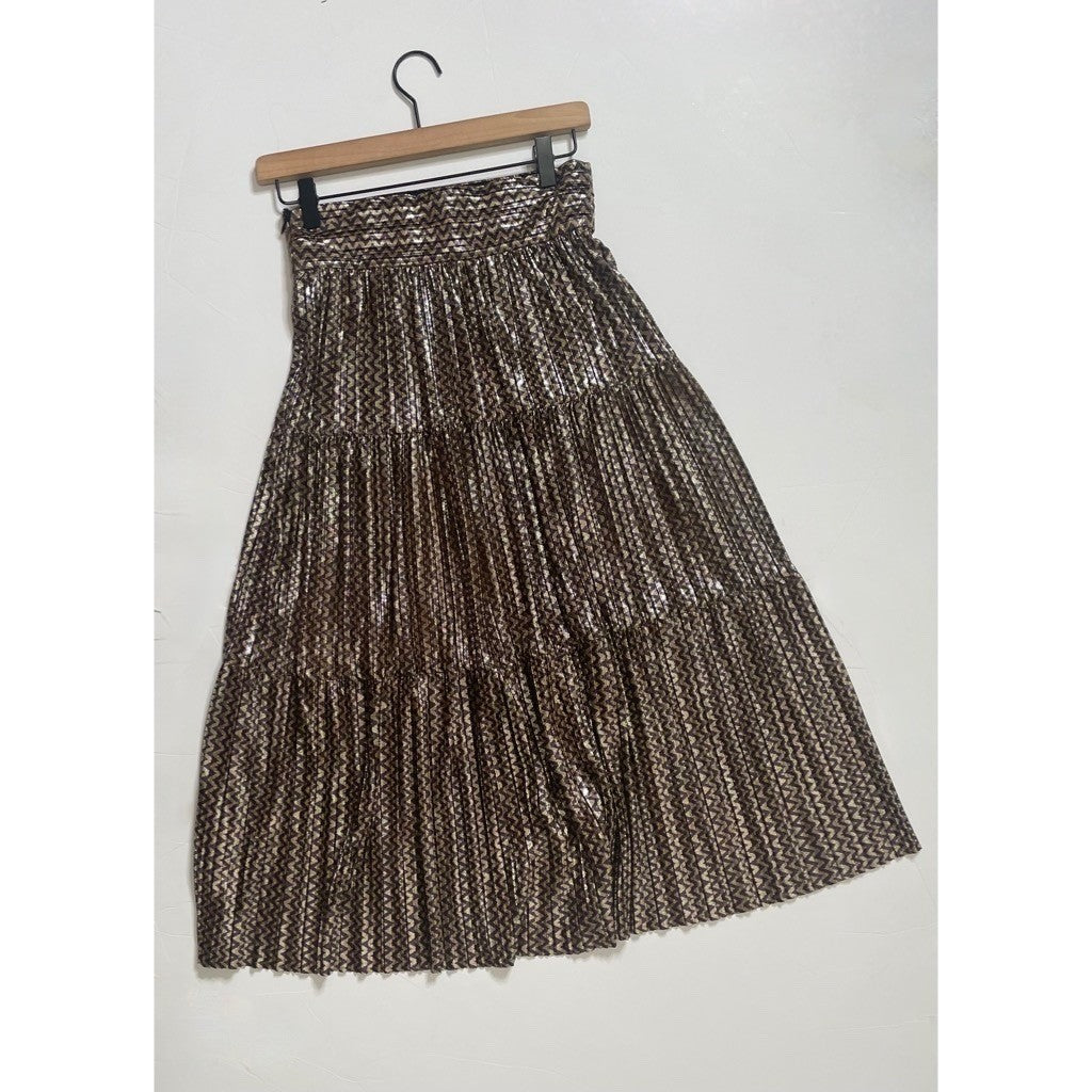 BA&SH Pleated Jupe Poly Midi Skirt Chevron Stripe Foil Metallic Tiered Size 6