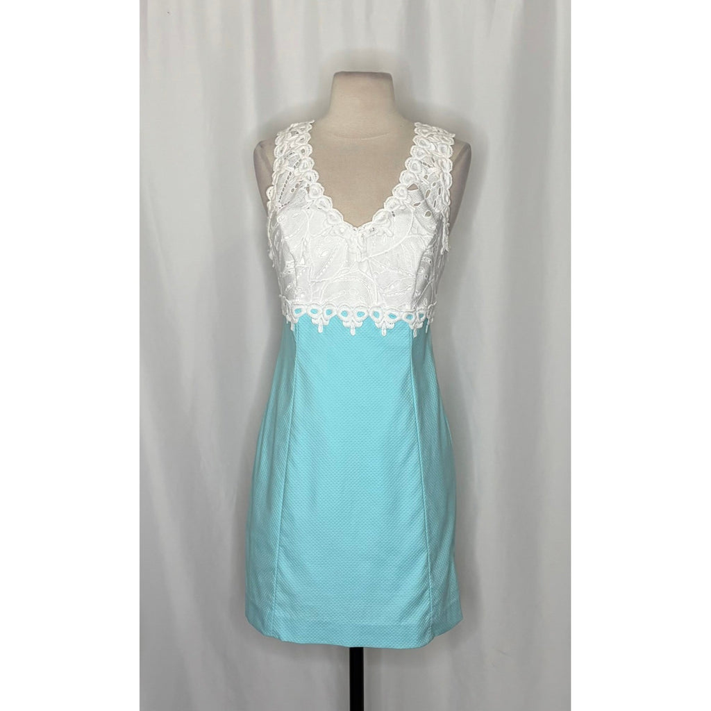 LILLY PULITZER Sandi Shift Dress Seasalt Blue White Lace Mini Preppy Size 4