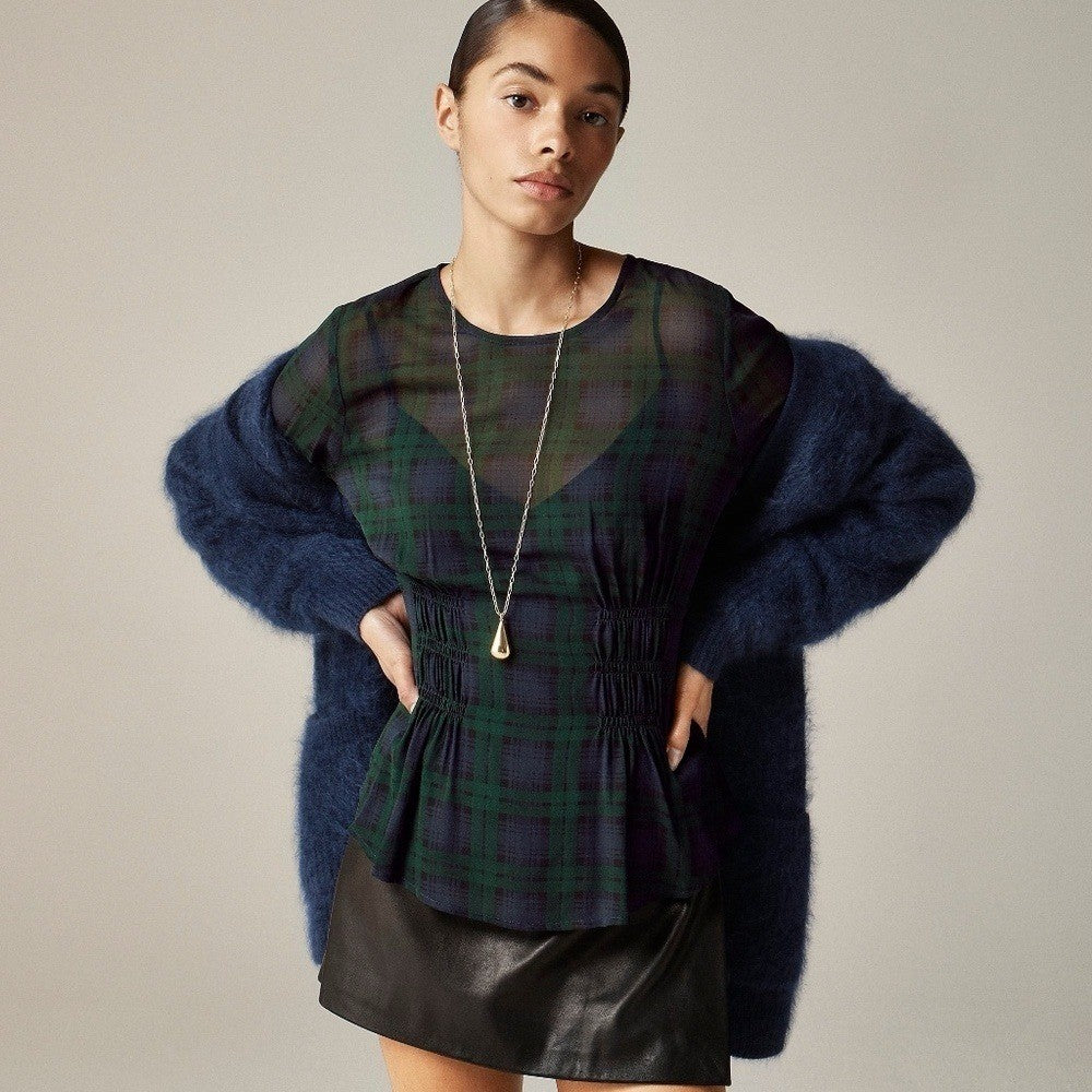 NEW!! J. CREW Chiffon Shirred-Waist Top Black Watch Tartan Plaid Copper Green 00