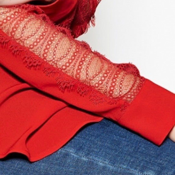 NWT!! THE KOOPLES Red Crepe Lace Shirt Blouse Buttondown Valentine Solid X-Small