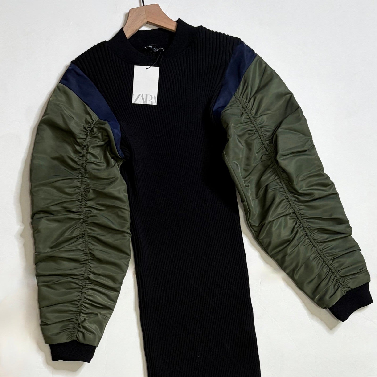 NWT!! ZARA Contrast Nylon Midi Dress Ribbed Knit Olive Green Black Blue Large