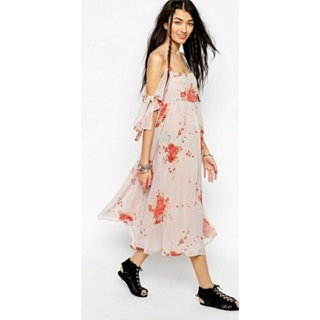 FREE PEOPLE Tied To You Floral Midi Dress Sand Combo Chiffon Bohemian Small
