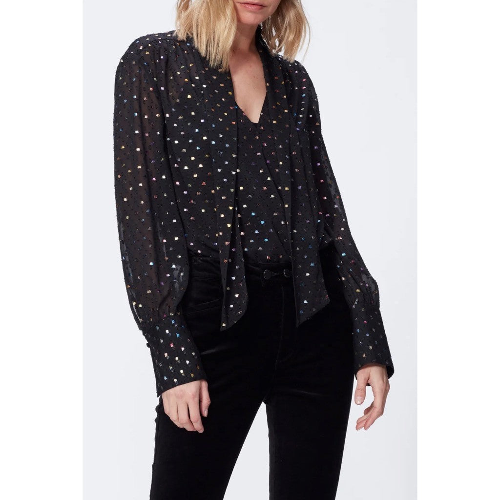 NWT!! PAIGE Cleobelle Black Metallic Tie Neck Top Blouse Rainbow Clip Dot XS