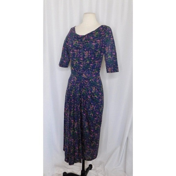 BODEN Drape Neck Pleated Ruched Midi Dress Abstract Print Knit Pleats 4L 4 Tall