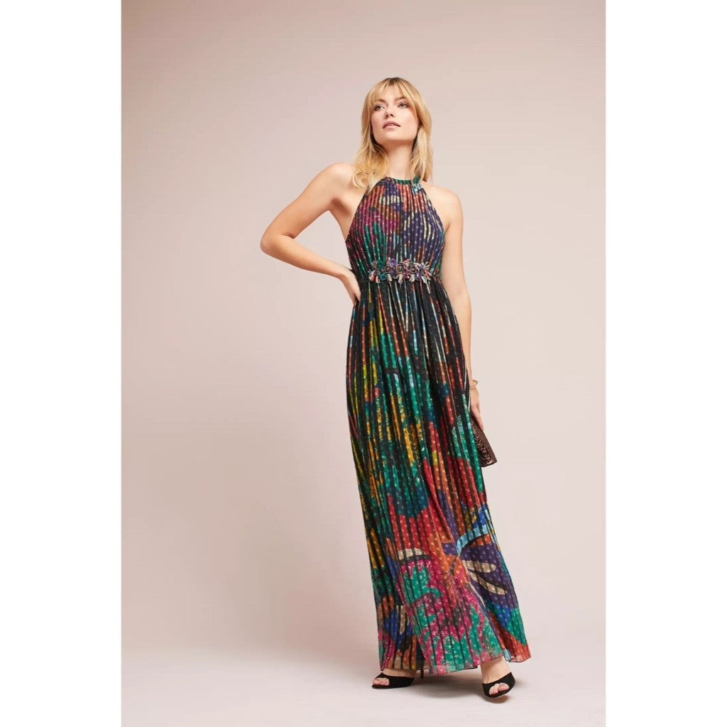 Anthropologie GEISHA DESIGNS Kalinka Maxi Dress Halter Embellished Clip Dot 0
