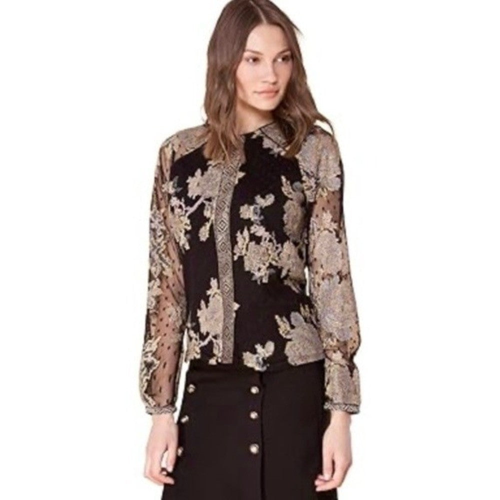 HALE BOB Floral Embroidered Mesh Top Blouse Long Sleeve Jacquard Romantic Medium