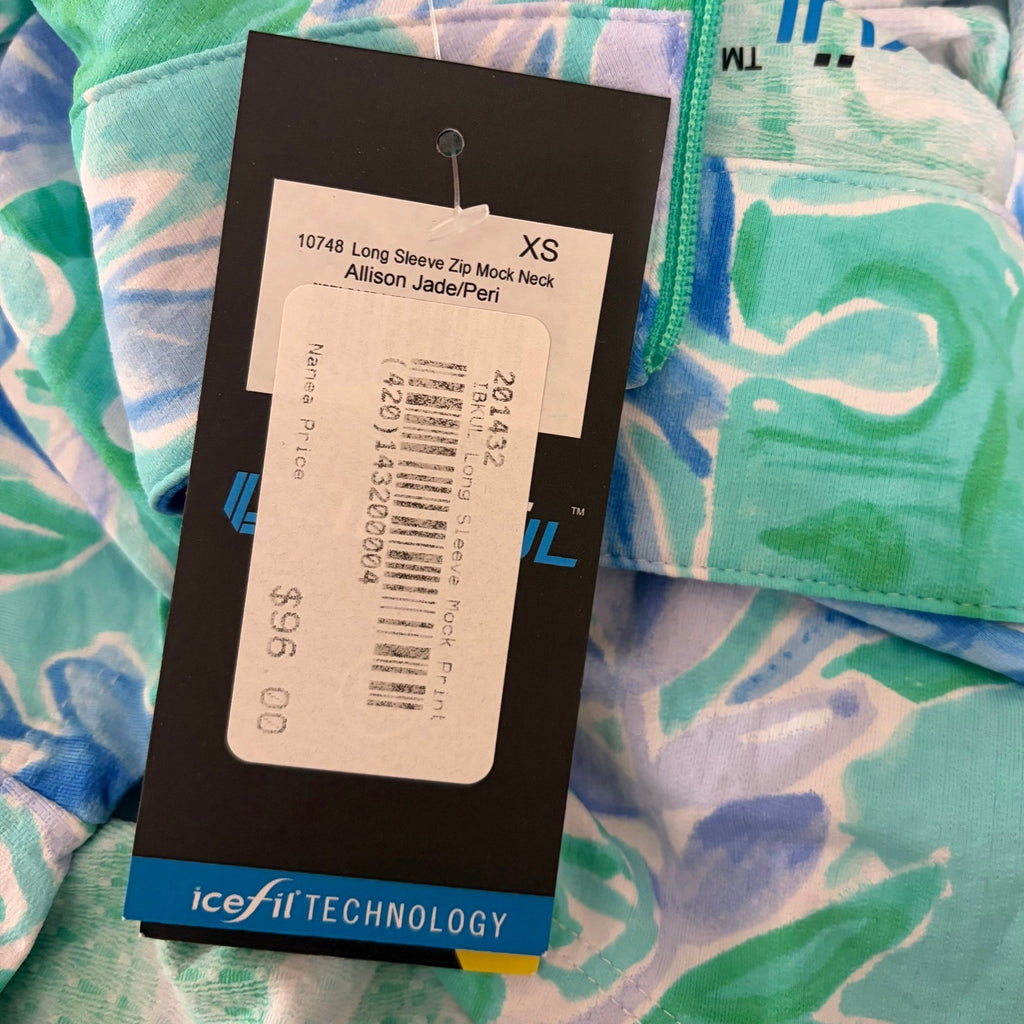 NWT!! IBKUL Mock Neck Long Sleeve Zip Top UPF50 Allison Jade Periwinkle X-Small
