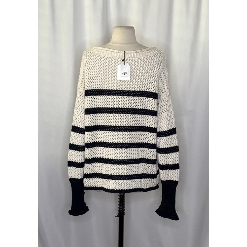 NWT!! ZARA Navy Ivory Striped Pullover Sweater Open Knit Nautical X-Small Small