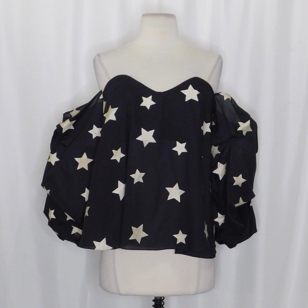 CAROLINE CONSTAS Gabriella Bustier Off Shoulder Top Black Metallic Stars Medium