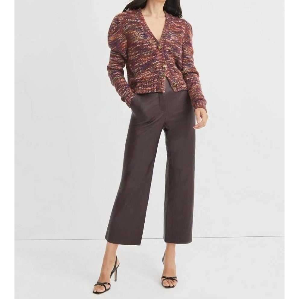 VERONICA BEARD Amosa Wool Cardigan Sweater Marled Puff Sleeves Burgundy Large