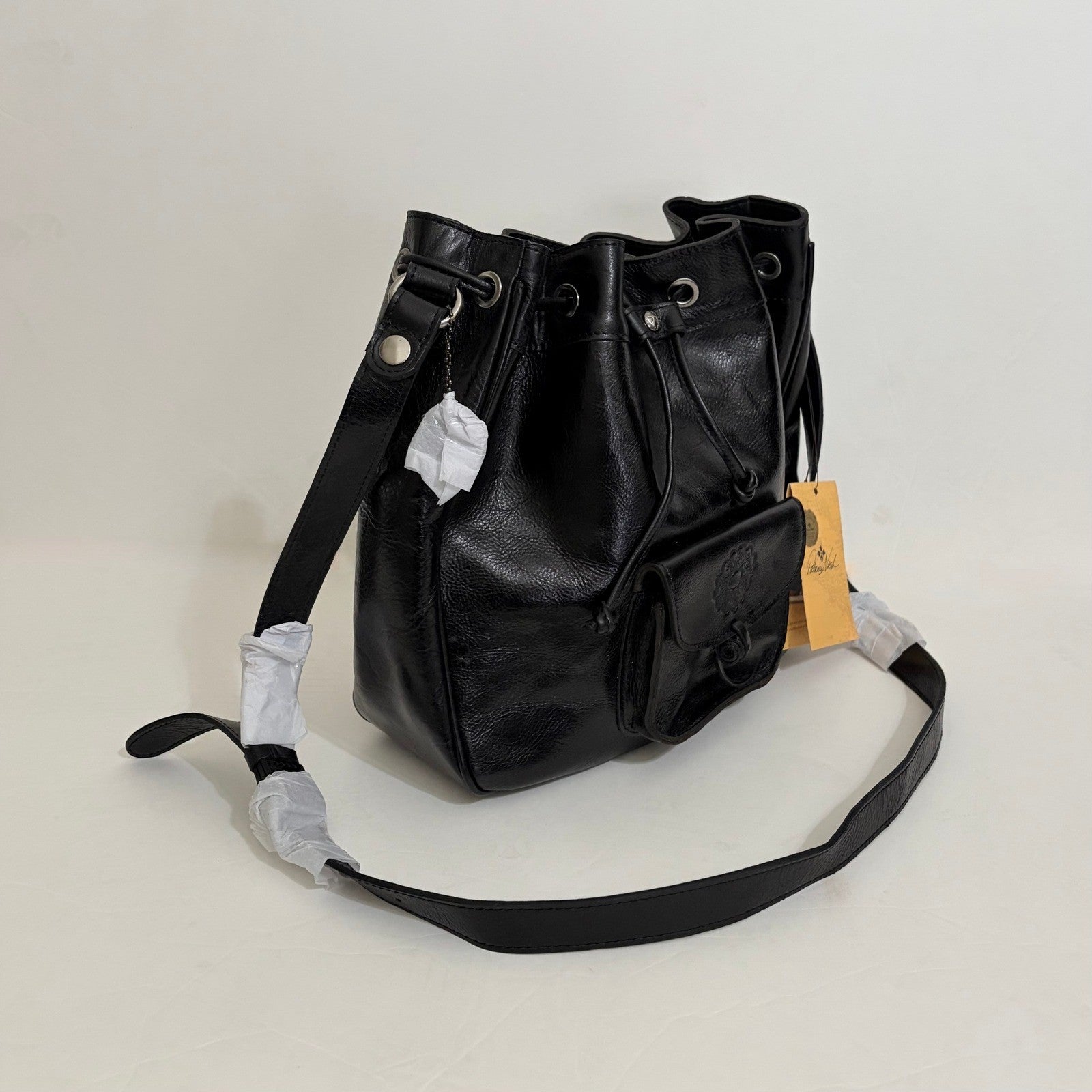 NWT!! PATRICIA NASH Giorgia Drawstring Black Leather Purse Bucket Bag Black
