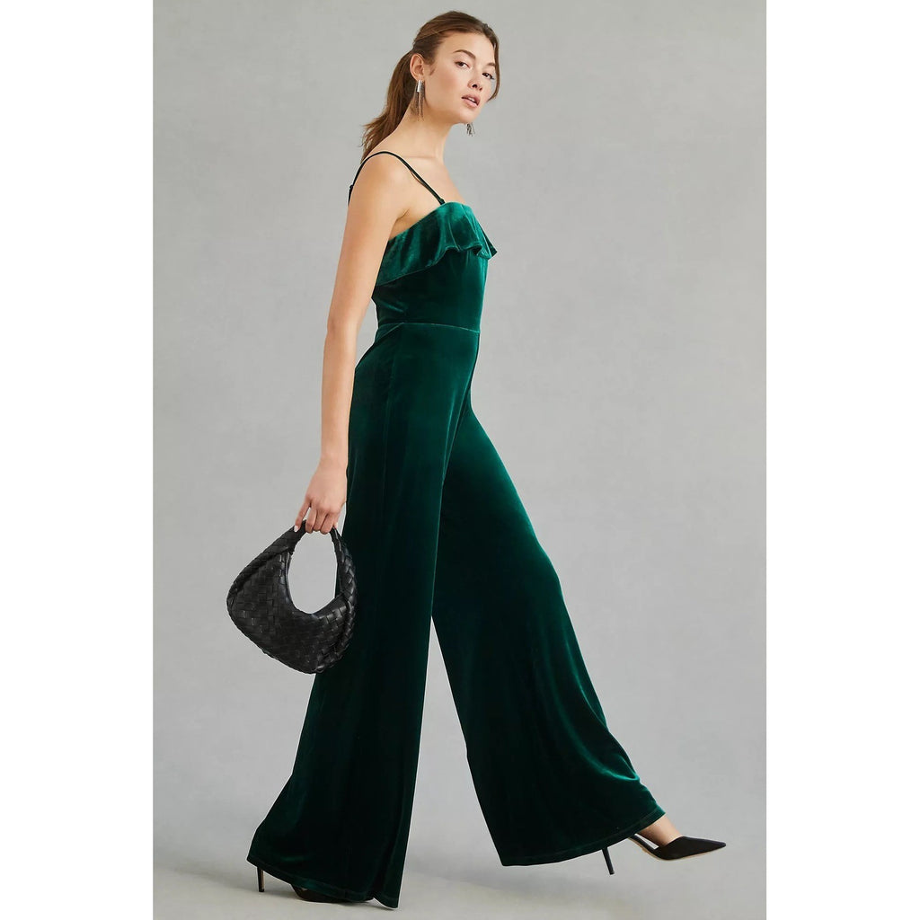 NWT!! Anthropologie COREY LYNN CALTER Green Velvet Wide Leg Jumpsuit X-Small