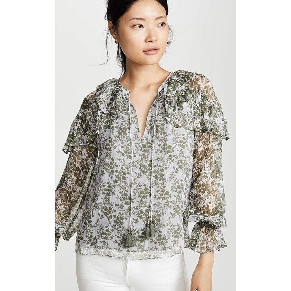 RAMY BROOK Silk Printed Celeste Blouse Chiffon Sagco Green Floral Metallic Small
