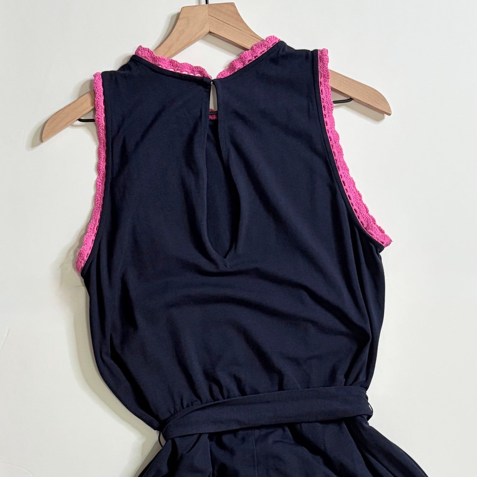BODEN Caitlin Jersey Knit Romper Playsuit Crochet Trims Navy Blue Pink 8 Tall