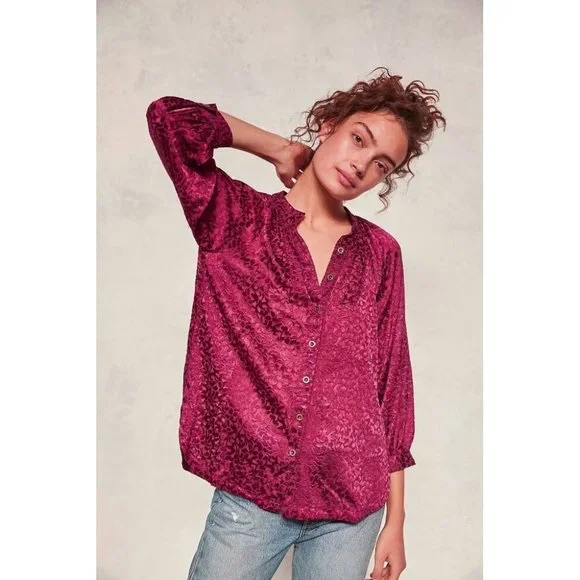 NWT!! ANTHROPOLOGIE Susanna Burnout Velvet ¾ Sleeve Buttondown Top Blouse XS