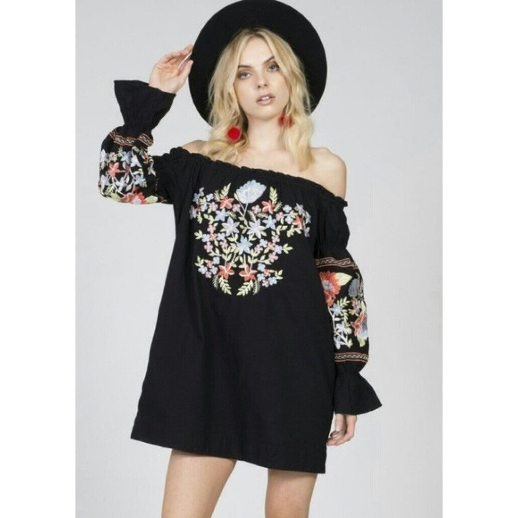 FREE PEOPLE Fleur Du Jour Mini Dress Black Floral Embroidered Off Shoulder Small