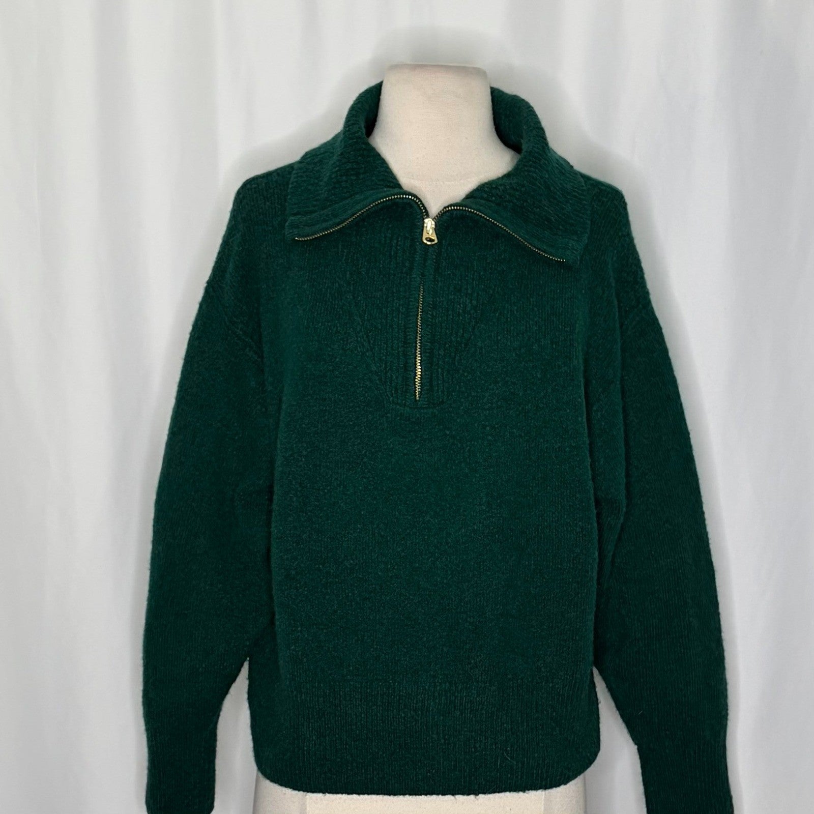 J. CREW Relaxed Half Zip Stretch Sweater Merino Wool Alpaca Dark Spruce Green M