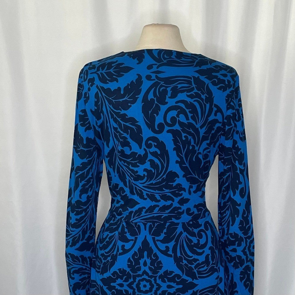 BODEN Henrietta Faux Wrap Day Dress Navy Royal Blue Scroll Print Size 12