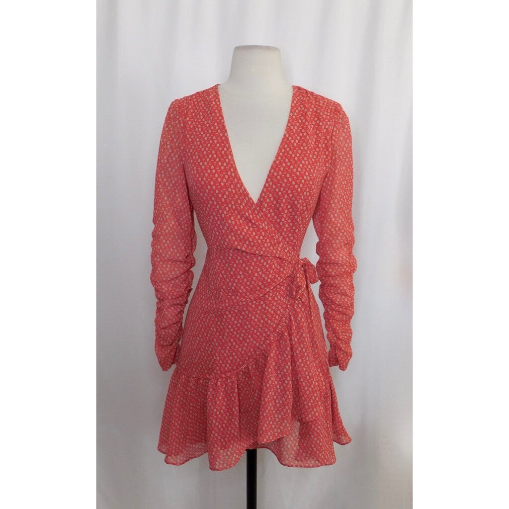 ALLSAINTS Flores Heart Print Wrap Dress Ruched Ruffle Red All Saints X-Small