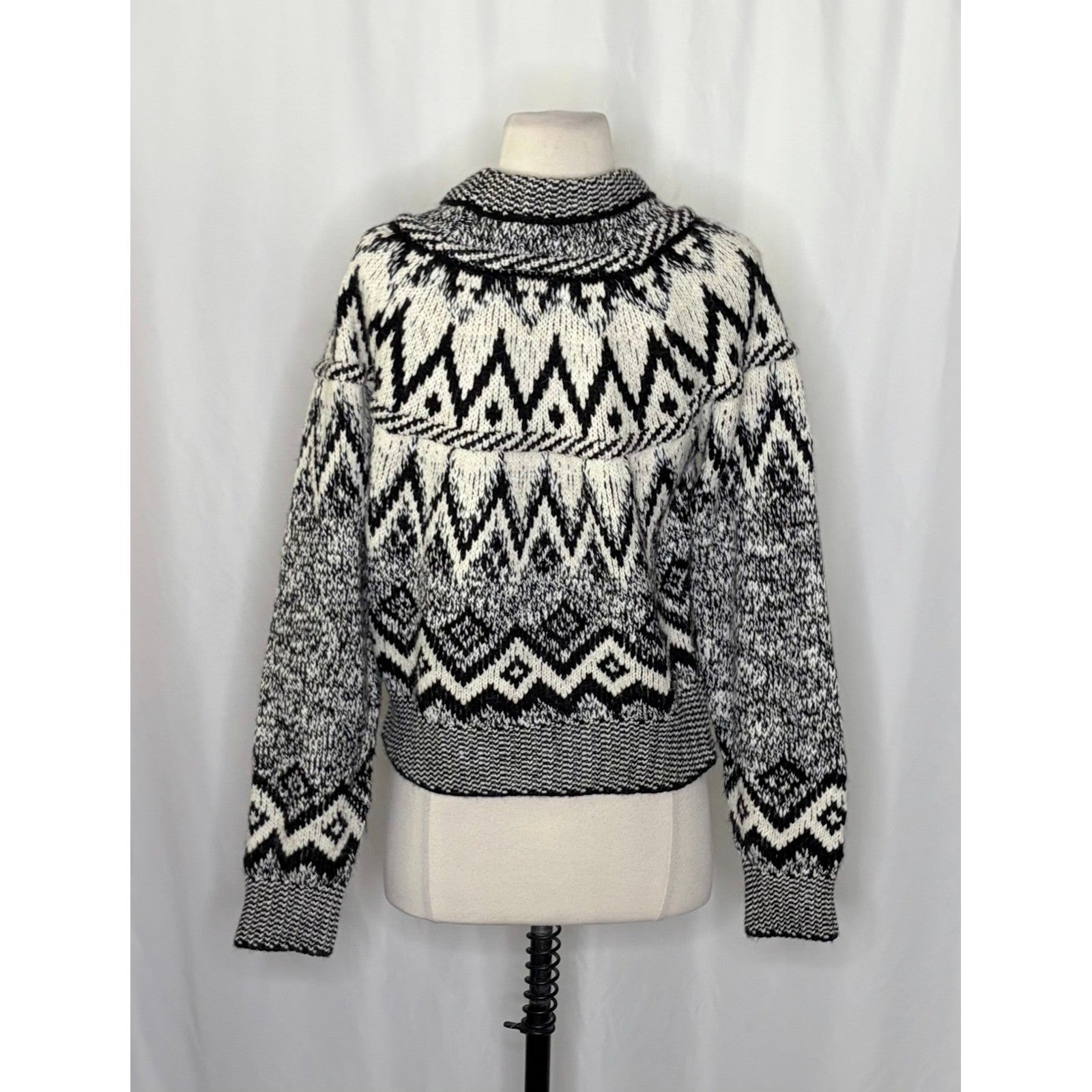 ZARA Nordic Fairisle Jacquard Sweater Black White Fair Isle Knit Pullover Medium