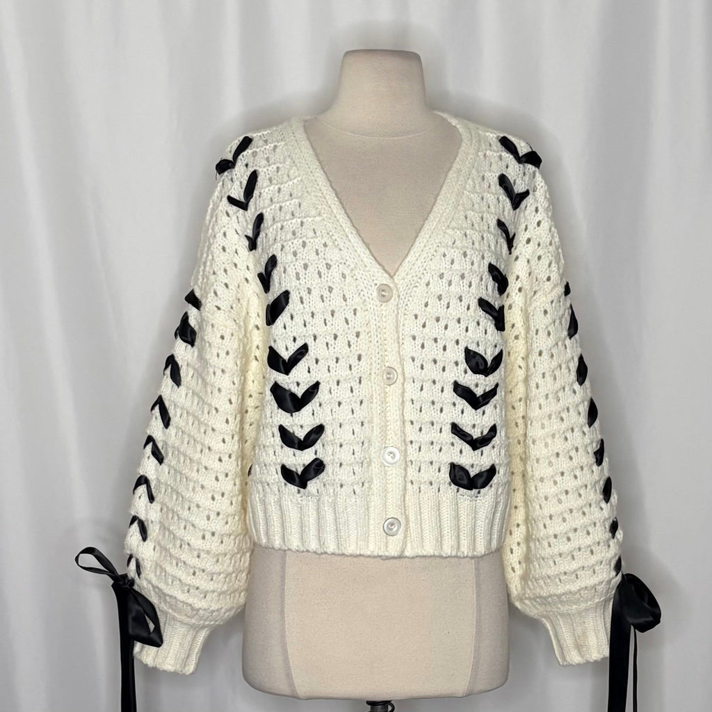 FOR LOVE & LEMONS Laurel Cardigan Sweater Office White Black Ribbons X-Small